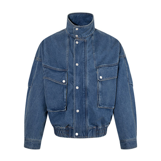 Damen Oversize-Jeansjacke mit Stehkragen, Druckknopfleiste und aufgesetzten Cargo-Taschen Shop Nory