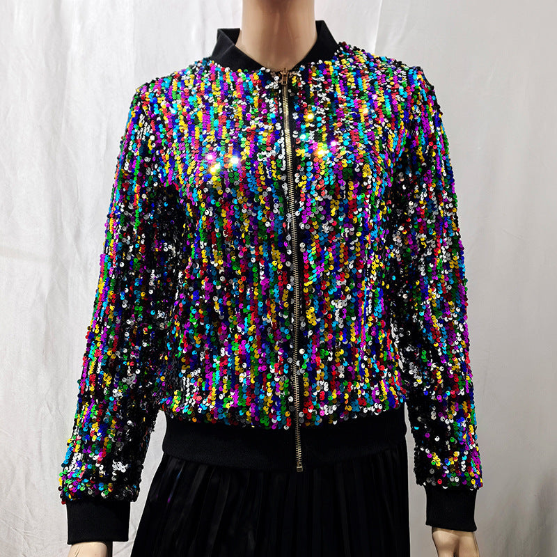 Damen Glamouröse Pailletten Bomberjacke