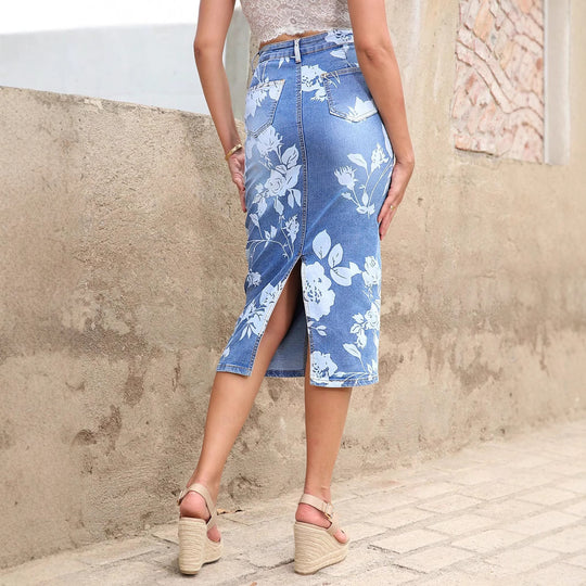 Damen taillenhoher floraler Denim-Bleistiftrock (Midi) Shop Nory