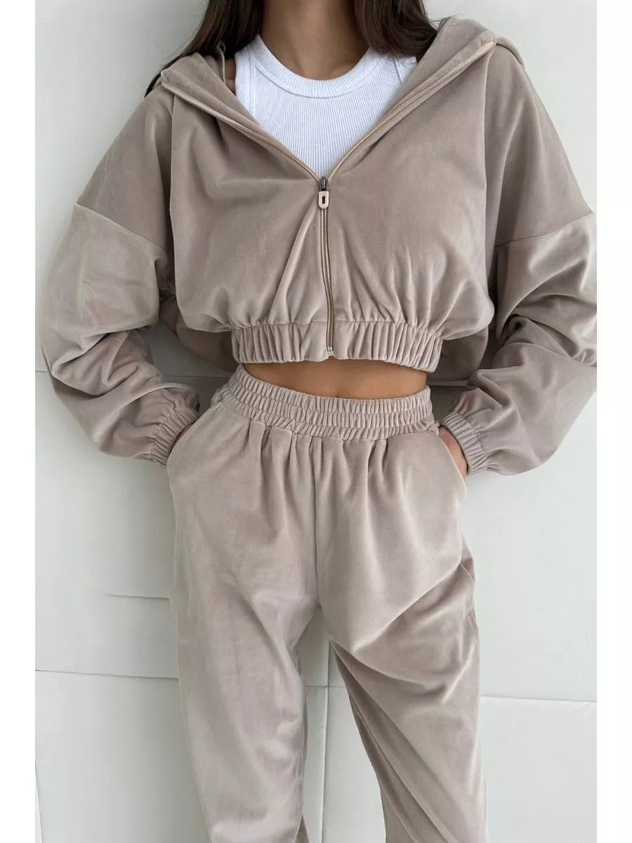 Damen luxuriöser Samt-Trainingsanzug mit geraffter Bomberjacke und High-Waist Jogginghose Shop Nory