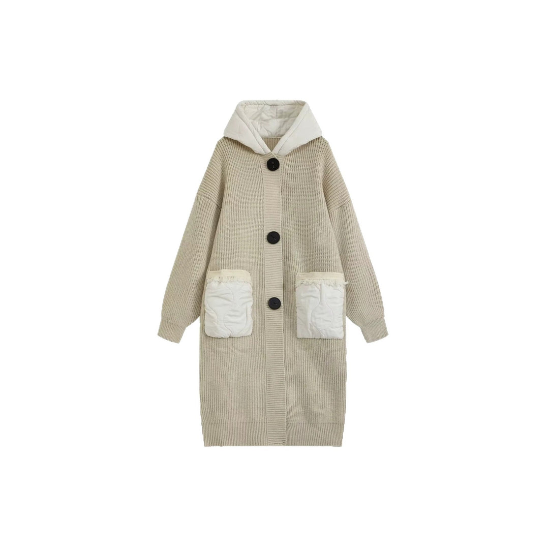 Damen Langer Oversize-Strickmantel mit gesteppter Kapuze und aufgesetzten Stepp-Taschen Shop Nory