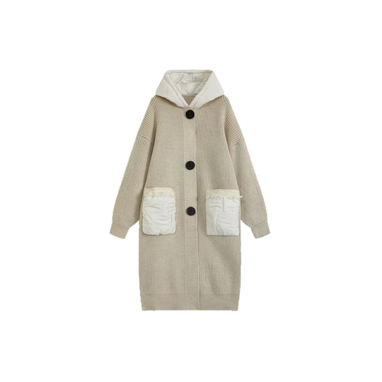Damen Langer Oversize-Strickmantel mit gesteppter Kapuze und aufgesetzten Stepp-Taschen Shop Nory