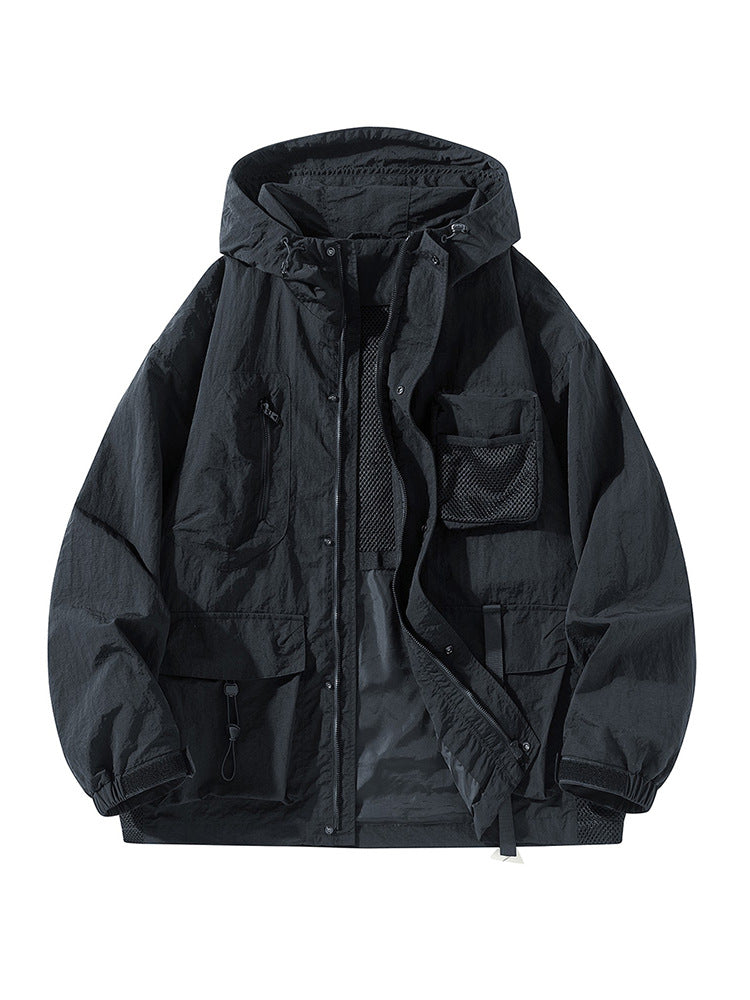 Herren Technische Utility-Outdoorjacke mit Kapuze Multifunktionstaschen und Mesh-Innenfutter Shop Nory