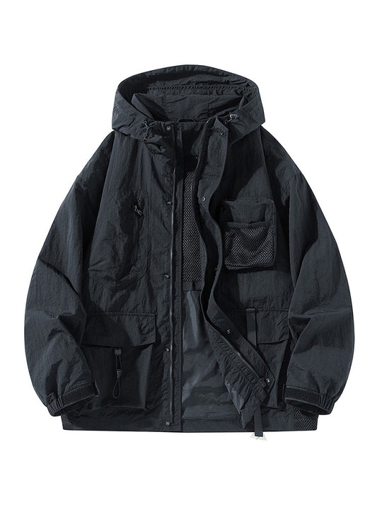 Herren Technische Utility-Outdoorjacke mit Kapuze Multifunktionstaschen und Mesh-Innenfutter Shop Nory