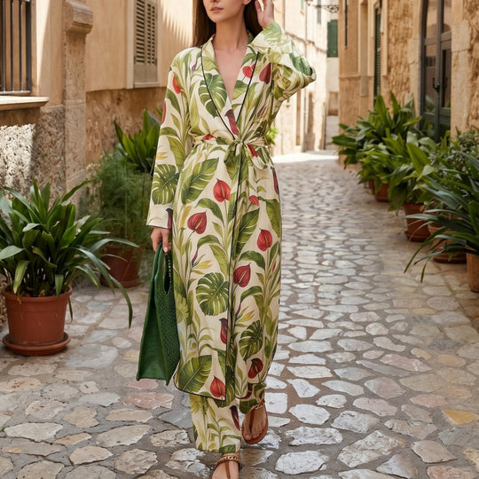 Damen Langer Kimono-Mantel mit Taillengürtel und weiter Palazzo-Hose im Tropenprint Shop Nory