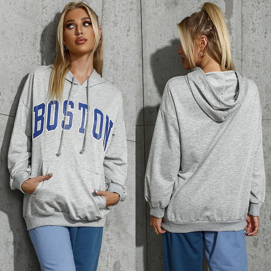 Damen Kapuzenpullover mit Collegestyle-Print, Kängurutasche und lässiger Oversize-Passform Shop Nory