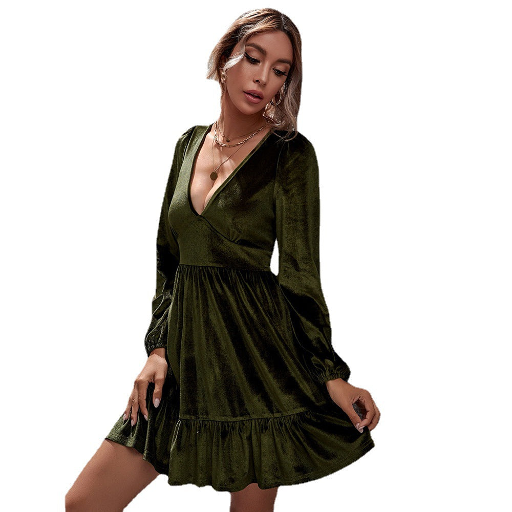 Damen samtiges V-Ausschnitt Minikleid mit Empire-Taille, langen Ärmeln und Volantrock Shop Nory