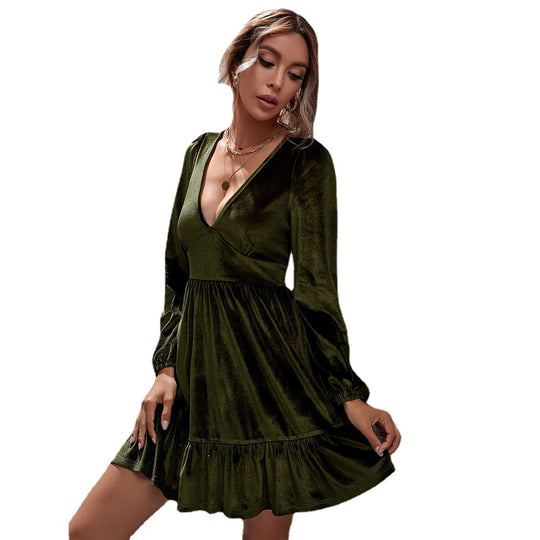Damen samtiges V-Ausschnitt Minikleid mit Empire-Taille, langen Ärmeln und Volantrock Shop Nory