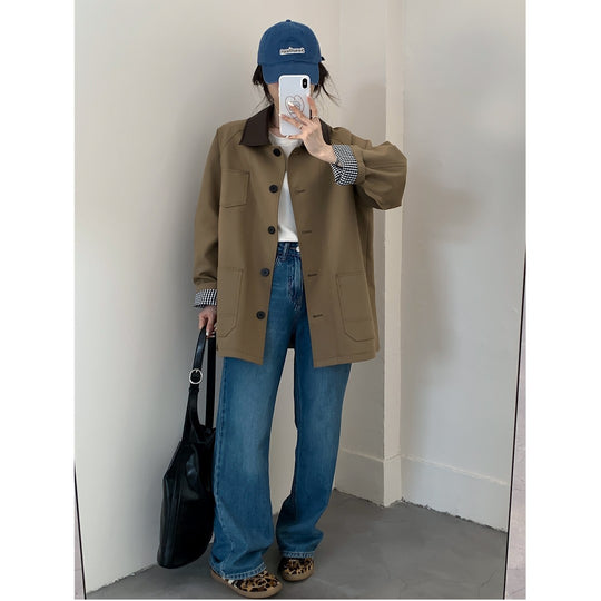 Damen Oversize Kurzjacke im Trenchstil mit Lederoptik-Kragen und karierten Umschlagmanschetten Shop Nory