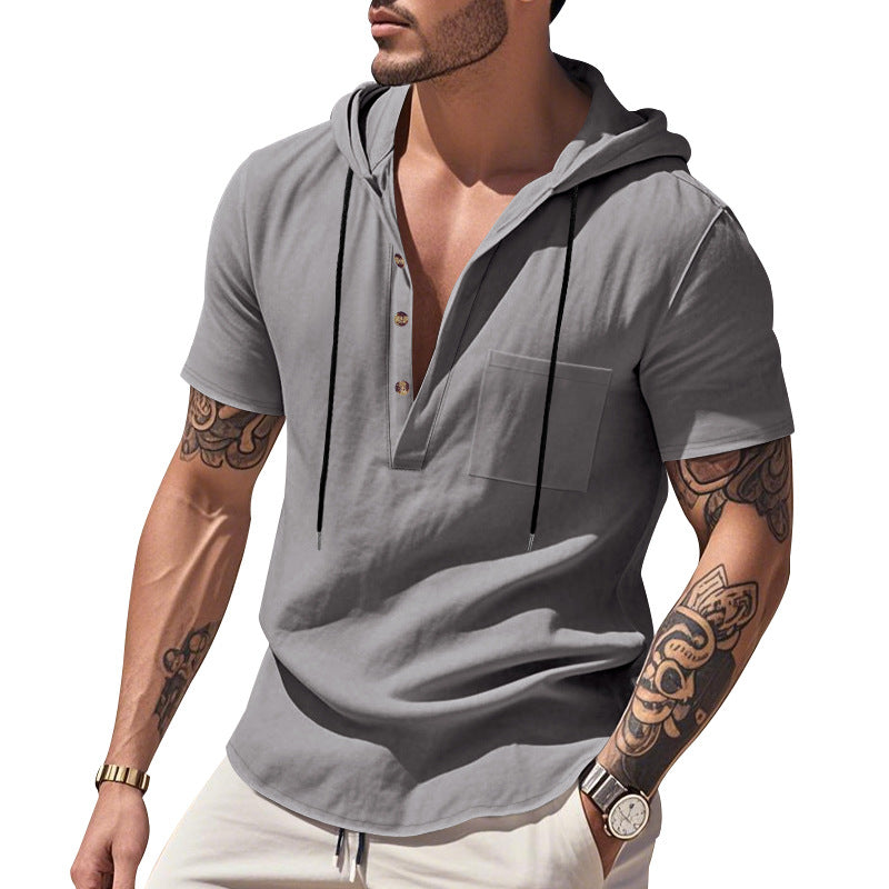 Herren nan legere Kurzarm-Kapuzen-Henley aus Single-Jersey mit Brusttasche und Kontrastkordel