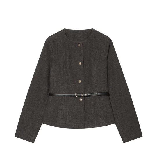 Damen Kurzjacke aus Wollmix mit Rundhalsausschnitt, Druckknopfverschluss und schmalem Taillengürtel Shop Nory