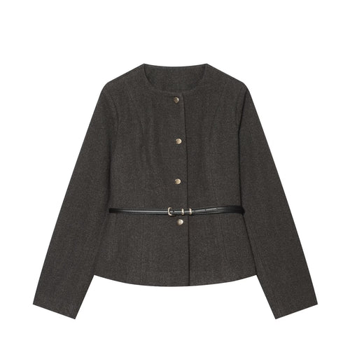 Damen Kurzjacke aus Wollmix mit Rundhalsausschnitt, Druckknopfverschluss und schmalem Taillengürtel Shop Nory