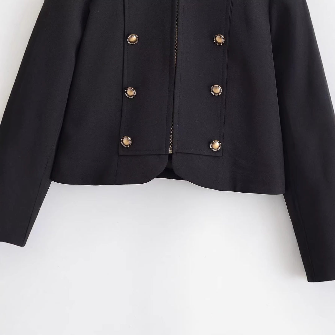 Damen taillierte Kurzjacke im Militärstil mit dekorativer Doppelknopfleiste, Reißverschluss und Schulterpatten Shop Nory