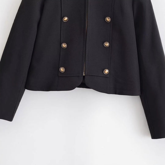 Damen taillierte Kurzjacke im Militärstil mit dekorativer Doppelknopfleiste, Reißverschluss und Schulterpatten Shop Nory