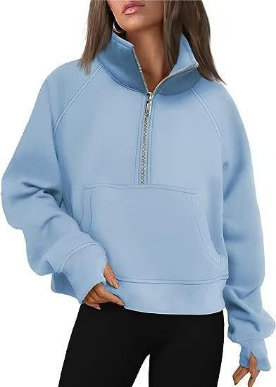 Damen nan oversized Halbzip Pullover mit Kängurutasche, Daumenlöchern und hohem Kragen Shop Nory