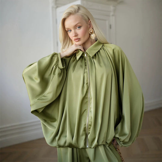 Damen Elegantes Satin-Zweiteiler-Set mit Oversize-Blouson und weiter Palazzo-Hose Shop Nory