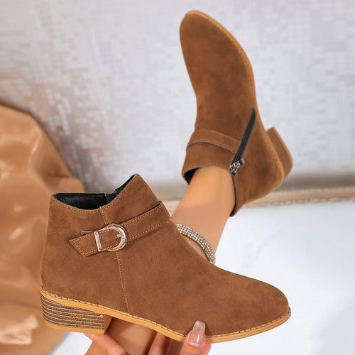 Damen Veloursleder-Ankle-Boots mit seitlichem Reißverschluss, Zier-Schnalle und niedrigem Blockabsatz Shop Nory