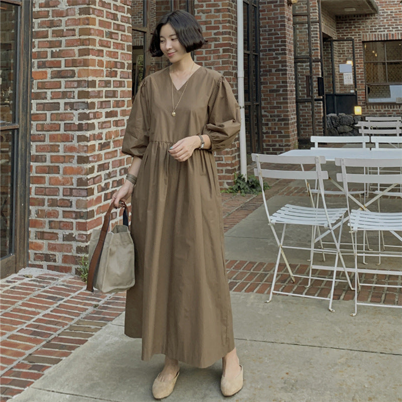 Damen Maxikleid mit V-Ausschnitt, geraffter Taillennaht und voluminösen dreiviertel-Ärmeln Shop Nory