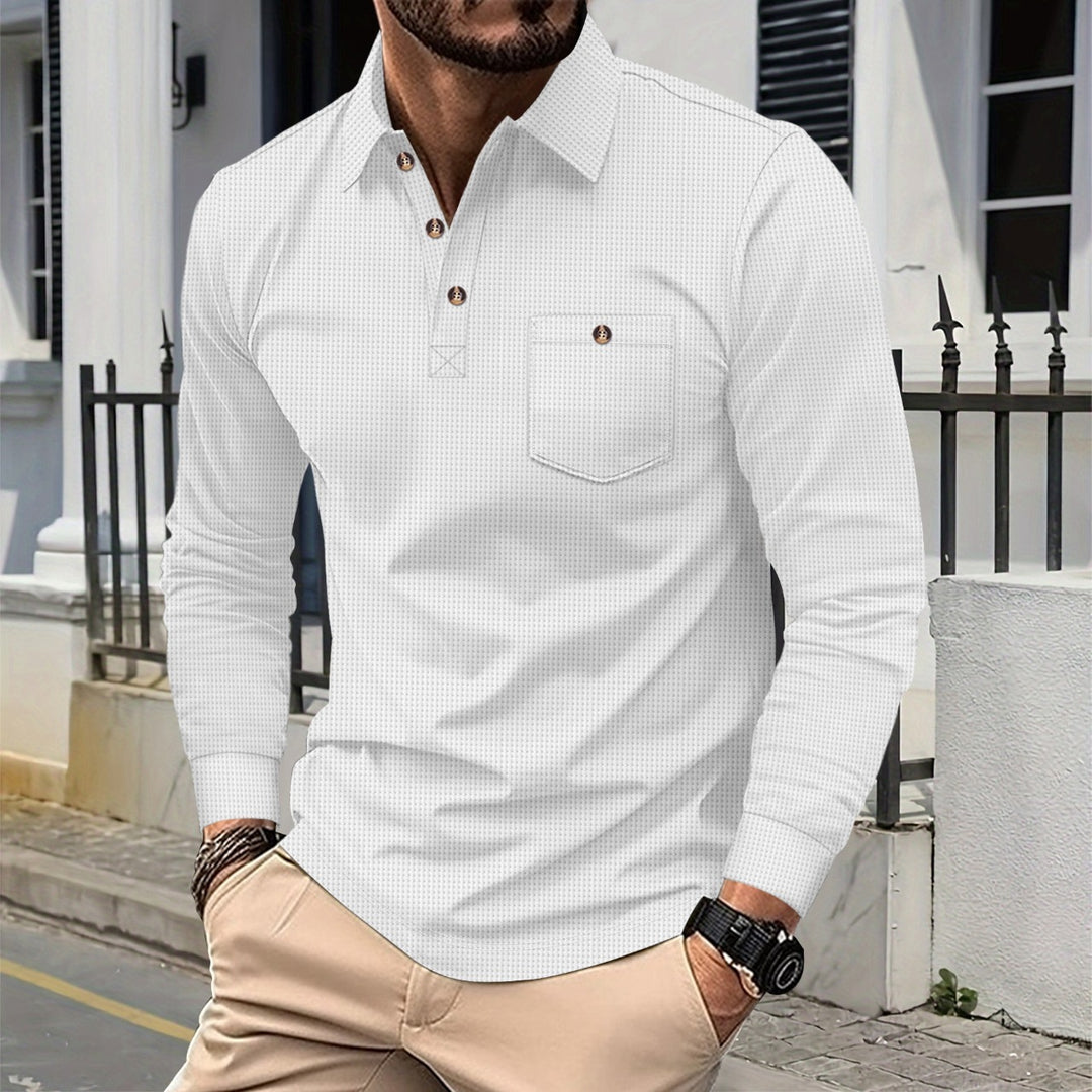 Herren nan strukturierter Langarm-Polo mit Brusttasche und Hemdkragen Shop Nory