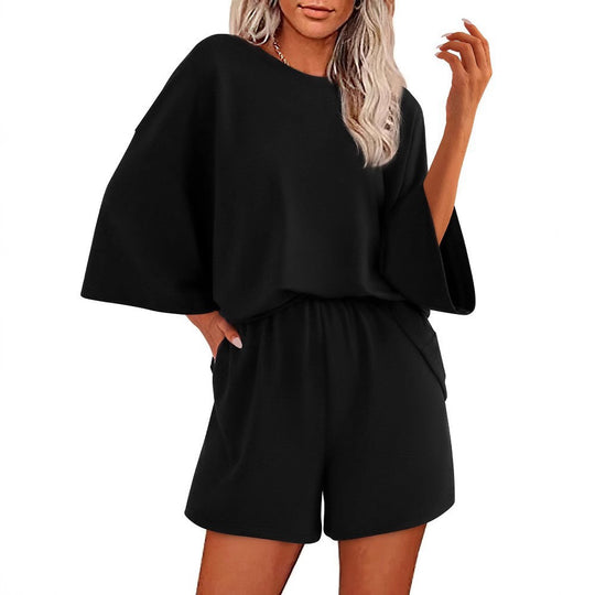 Damen Oversized Fledermaus Kurzarm Lounge Oberteil und Shorts Set mit Elastischem Bund Shop Nory