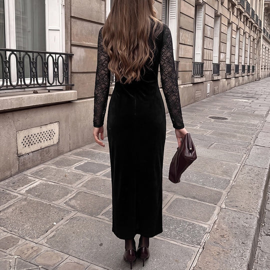 Damen Abendkleid mit transparenten Spitzenärmeln, Samtrock und Illusions‑Herzausschnitt Shop Nory