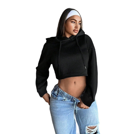 Damen kurzes Kapuzen-Sweatshirt Cropped-Hoodie mit Kordelzug gerippten Bündchen und lässiger Oversize-Passform Shop Nory