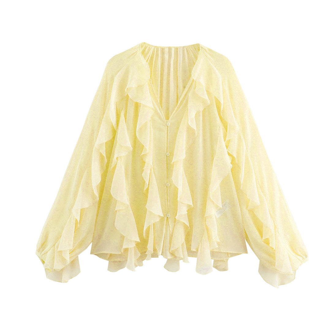 Damen nan feminine Chiffon-Volantbluse mit Ballonärmeln und V-Ausschnitt