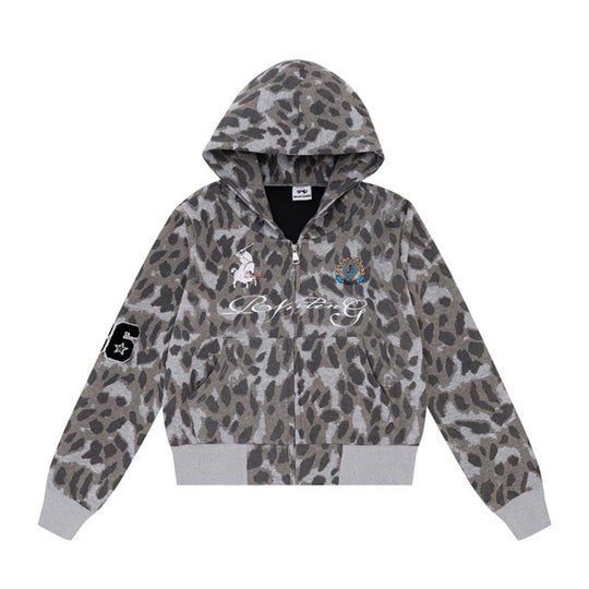 Damen Kapuzen-Sweatjacke mit Kunstfellbesatz, Leo-Allover und Reißverschluss Shop Nory