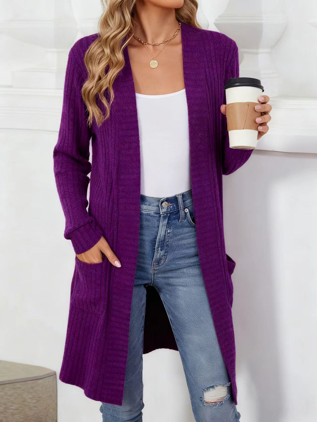 Damen Longcardigan aus geripptem Chenille mit aufgesetzten Taschen Shop Nory