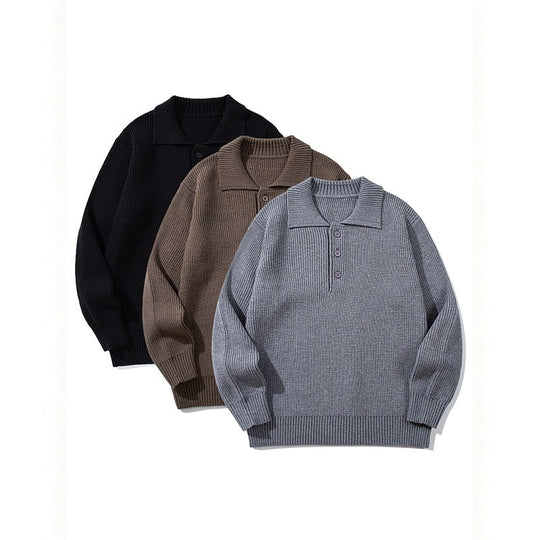 Herren Gerippter Polokragenpullover mit dreifacher Knopfleiste und Relaxed-Fit Shop Nory