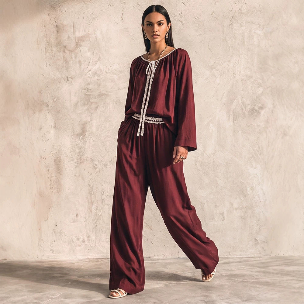 Damen Fließendes zweiteiliges Loungewear-Set aus Seidenoptik mit weiter Palazzohose und geraffter Tunika Shop Nory