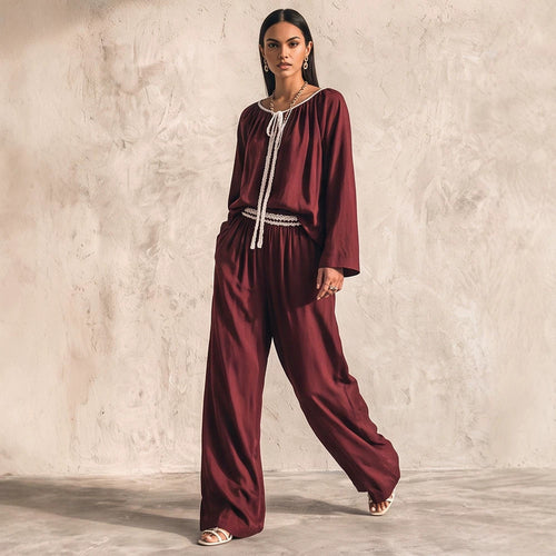 Damen Fließendes zweiteiliges Loungewear-Set aus Seidenoptik mit weiter Palazzohose und geraffter Tunika Shop Nory