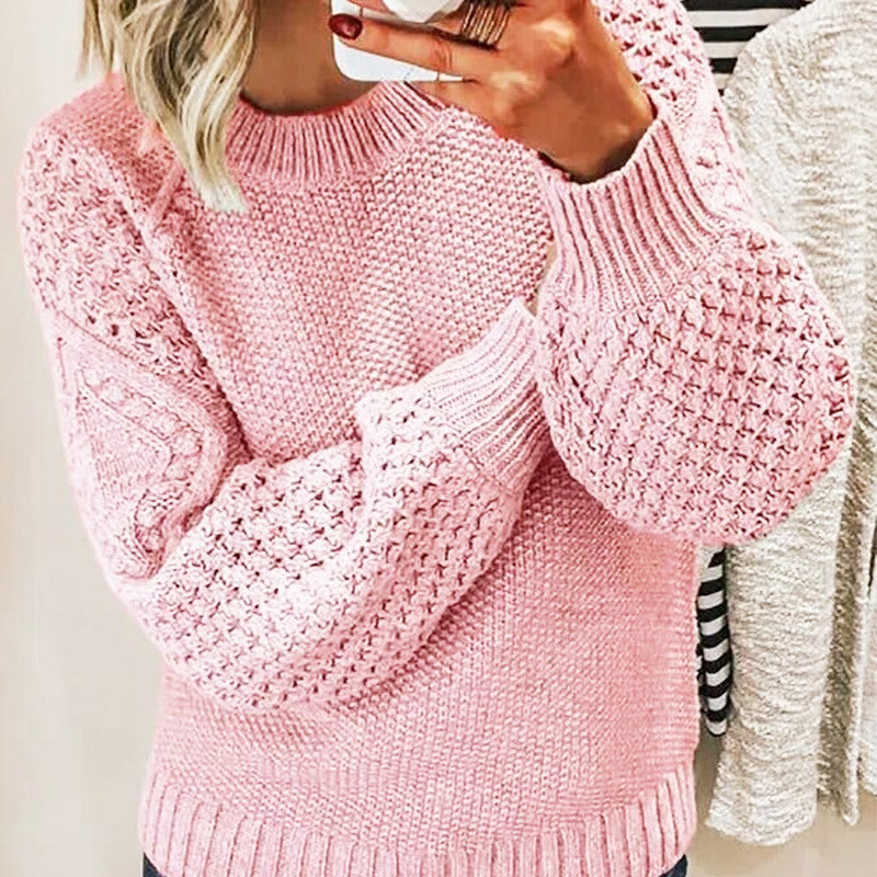 Damen Grobgestrickter Pullover mit Zopfmuster und Ballonärmeln Shop Nory
