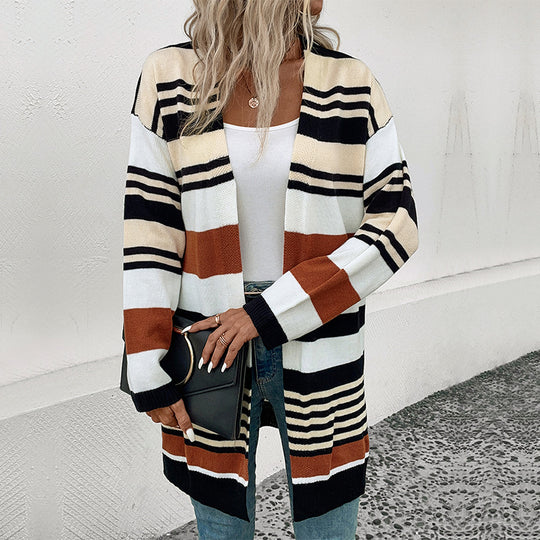 Damen Oversize Strickcardigan mit Blockstreifen, offener Front und langen Ärmeln Shop Nory