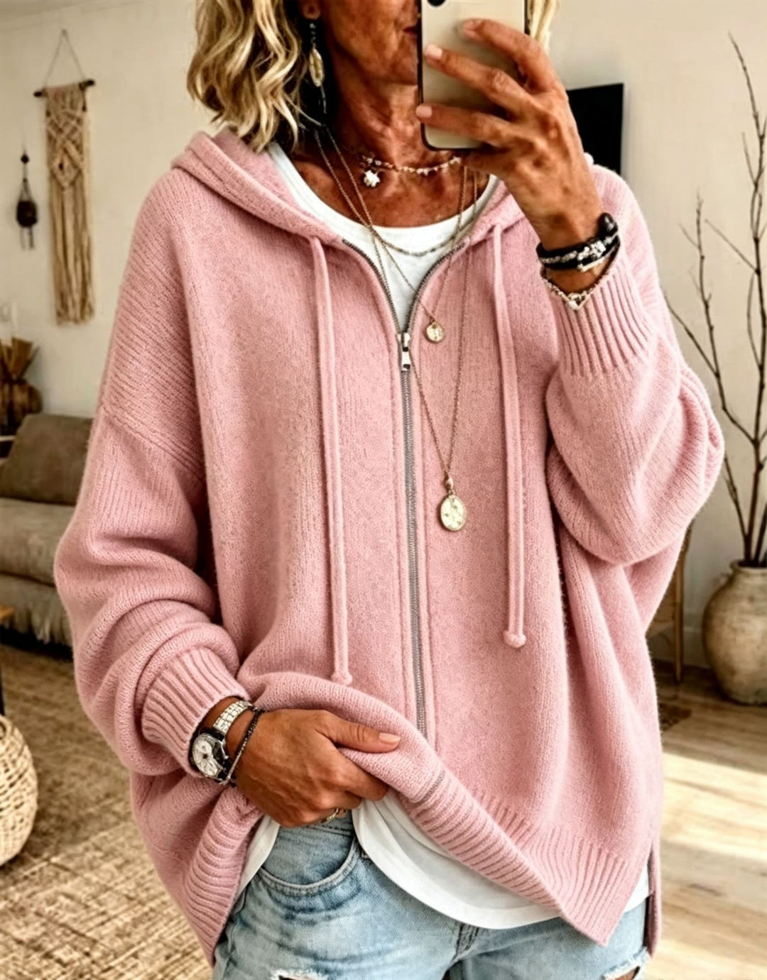 Damen Oversize Kapuzen-Zip-Cardigan aus weichem Feinstrick Shop Nory