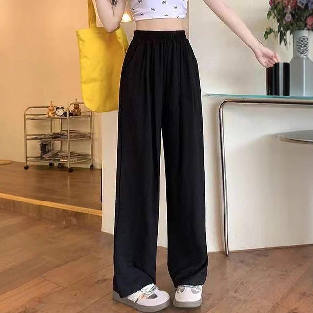 Damen Weite Leinenoptik-Palazzohose mit hoher Taille, Elastikbund und Eingrifftaschen Shop Nory