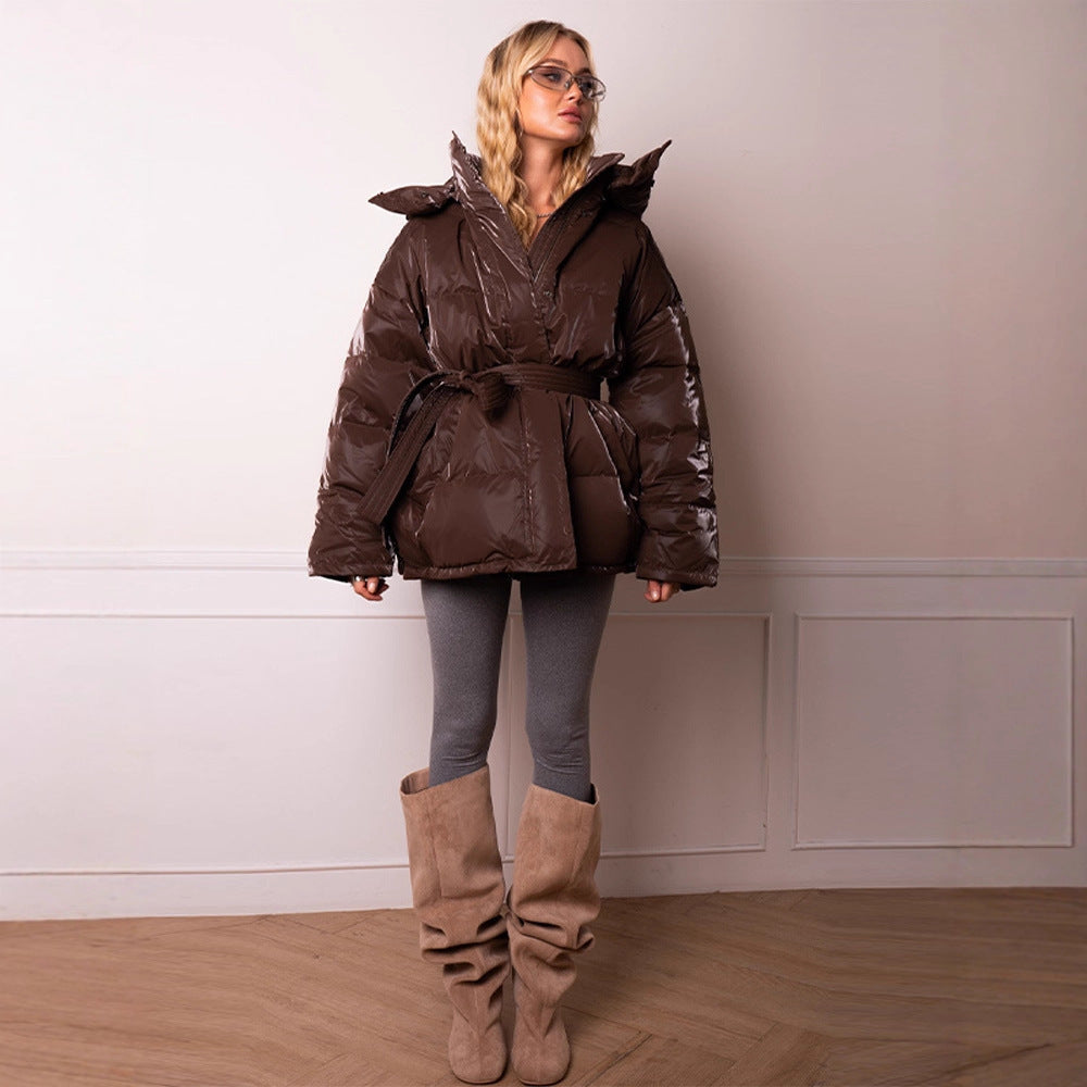 Damen wattierte Kapuzen-Steppjacke mit Taillengürtel Shop Nory