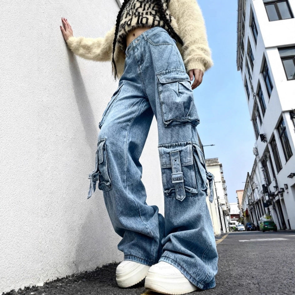Damen Weite Cargo-Jeanshose mit mehreren aufgesetzten Taschen und Utility-Details Shop Nory
