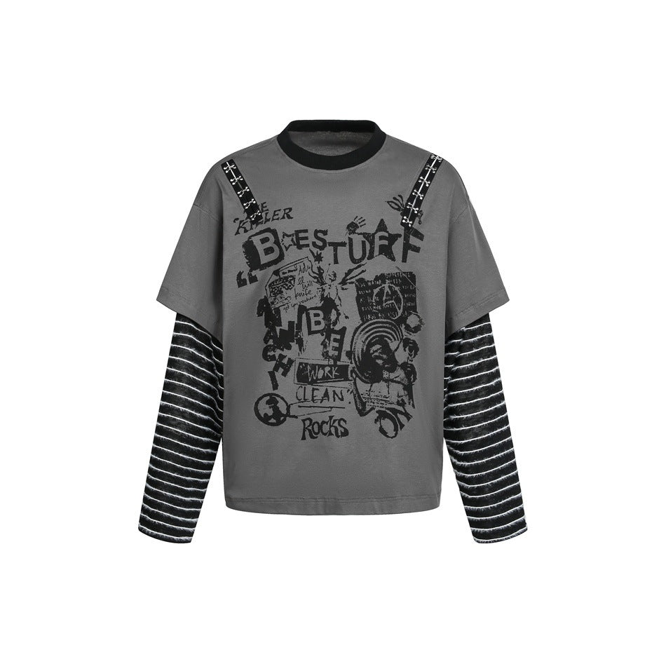 Damen Lagenlook-T-Shirt mit gestreiften Ärmeln und Graffiti-Print Shop Nory