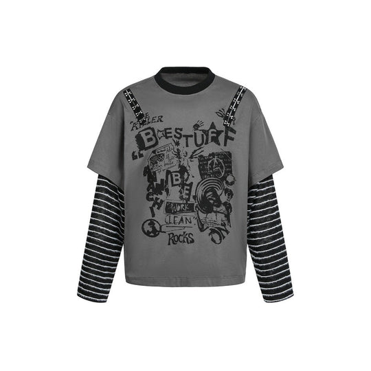 Damen Lagenlook-T-Shirt mit gestreiften Ärmeln und Graffiti-Print Shop Nory
