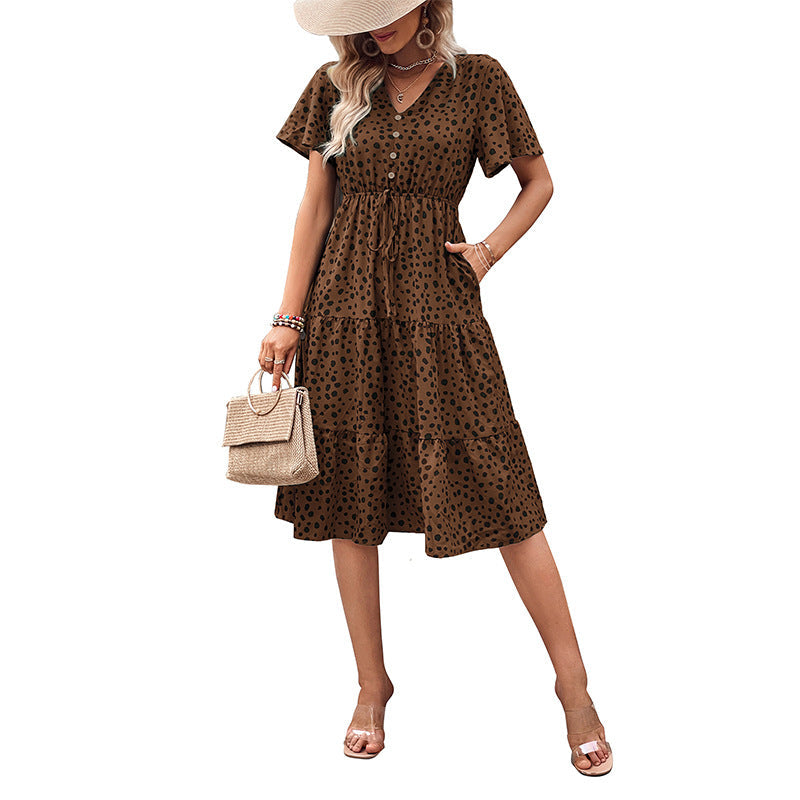Damen Midi-Kleid mit Puffärmeln und modischem Punktmuster Shopnory