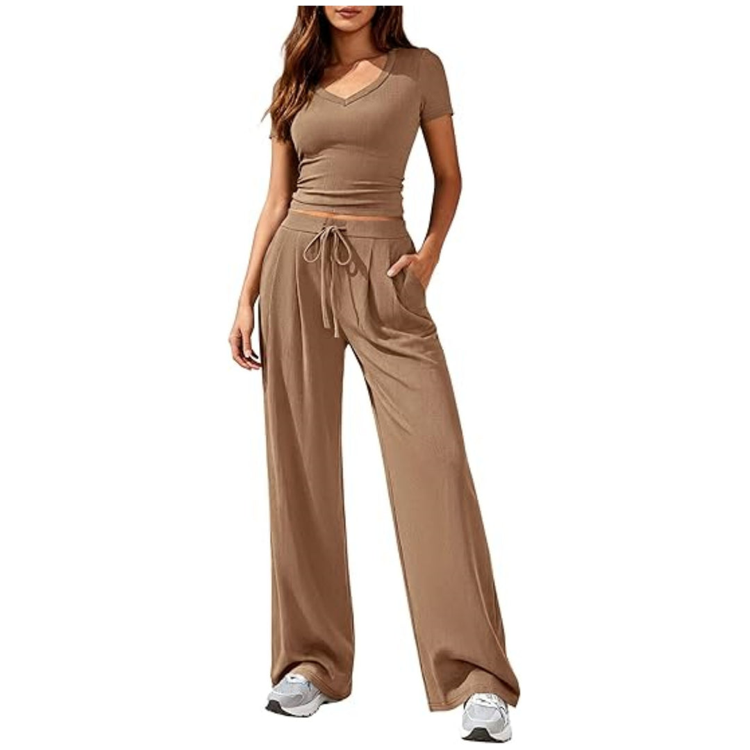 Damen Lässiges Lounge-Set mit tailliertem V-Ausschnitt bauchfreiem Top und weitem Kordelbund-Hose Shop Nory