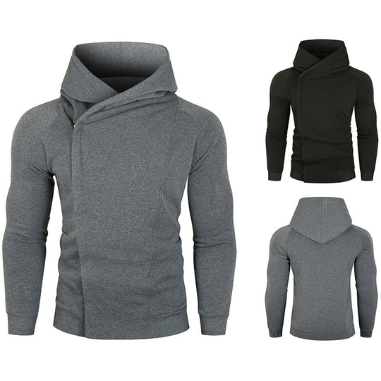 Herren asymmetrischer Kapuzenpullover mit Wickelkragen und verdeckter Knopfleiste, schlanke sportive Passform Shop Nory