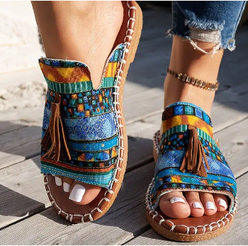 Damen Ethno-Slipper-Sandalen mit Quaste und handgenähter Ziernaht Shop Nory
