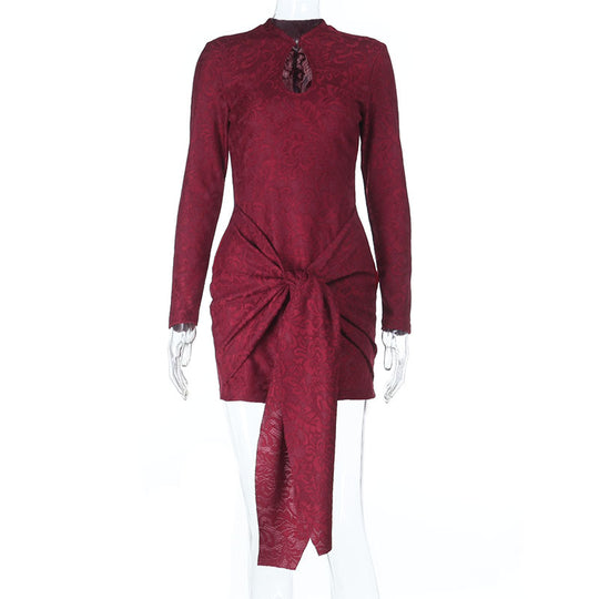 Damen Tailliertes Jacquard-Minikleid mit Drapé-Knoten und Langarm Shop Nory