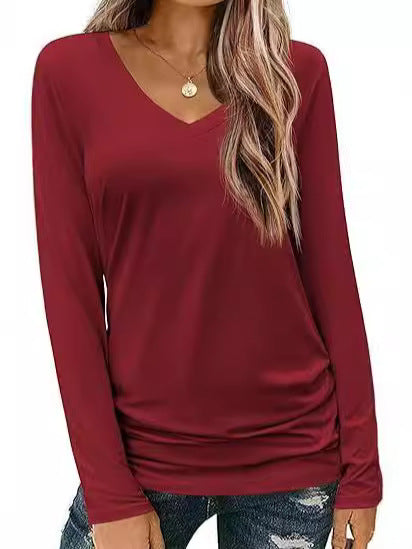 Damen Figurbetontes V‑Ausschnitt Langarmshirt aus Stretch‑Jersey mit leicht gerafftem Saum Shop Nory