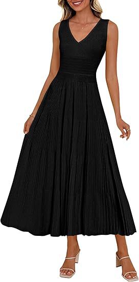 Damen Plisseekleid mit V-Ausschnitt und weitem Saum Shopnory