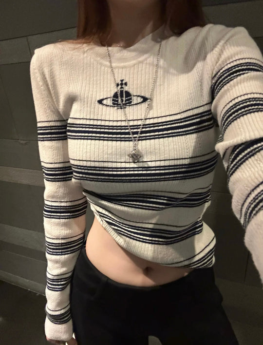 Damen Modischer Rippstrickpullover mit Streifen Shop Nory