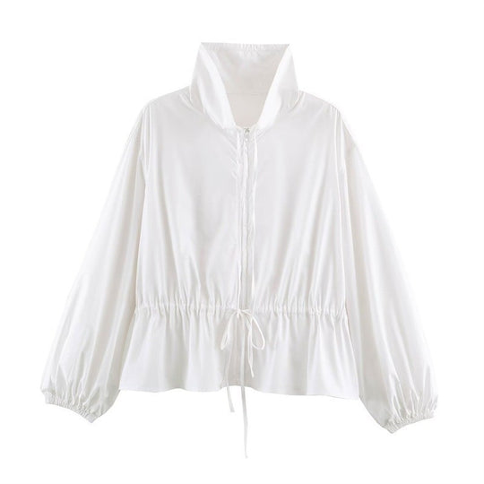 Damen Leichte taillierbare Windjacke mit Stehkragen, Tunnelzug und Ballonärmeln Shop Nory