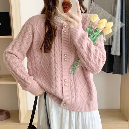 Damen Gemütlicher Strickjacke mit Perlknöpfen Shop Nory